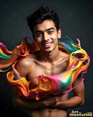 Facing forward in a dark room, a man with no shirt smiling is wrapped in colorful paint splashes