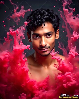 A shirtless man smiles as bright pink smoke swirls around his bare chest