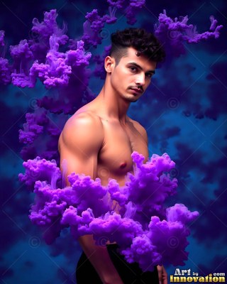 Against a dark blue background, a shirtless man turns in bright purple smoke clouds