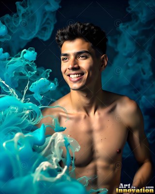 Smiling to the side, a shirtless young man stands beside swirls of aqua smoke