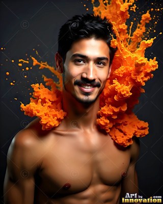 Shirtless man with a smile with bright orange powder around his neck