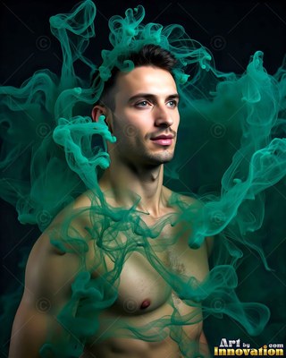 Short dark hair frames a shirtless man surrounded by swirling green smoke against black