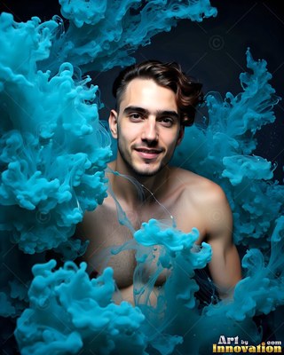 A shirtless man smiles as thick swirls of turquoise smoke curl around his bare chest