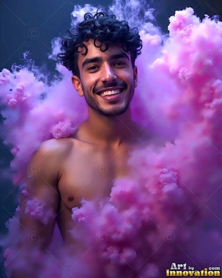 Facing forward in dark space, a shirtless man with a smile is surrounded by pink smoke clouds