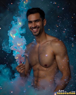 A smiling shirtless man holds bright blue and pink smoke in his hand