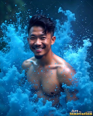 In a dark space, a man with no shirt smiling is surrounded by bright blue powder splash