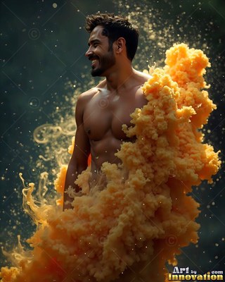Smiling to the side, a bare-chested man stands wrapped in thick yellow smoke