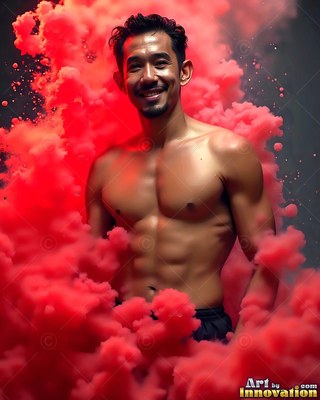Shirtless man with a smile surrounded by red smoke