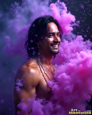 Long dark hair frames a smiling shirtless man surrounded by clouds of pink powder