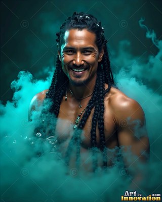 A smiling man with braided hair stands waist-deep in thick turquoise smoke