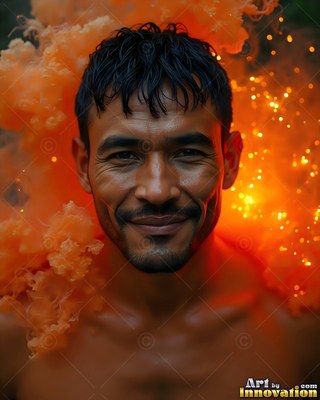 Facing forward, a shirtless smiling man is framed by orange smoke and bright sparks