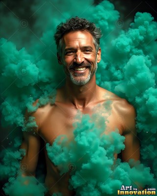 A shirtless smiling man stands in puffy clouds of green smoke