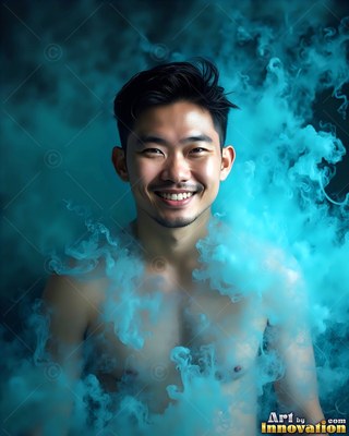 In a dark space, a shirtless smiling man is surrounded by bright turquoise smoke
