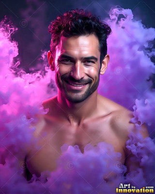 Smiling happily, a shirtless man stands surrounded by thick clouds of purple smoke