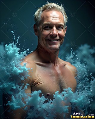 Shirtless smiling older man surrounded by splashing blue powder