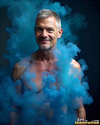 A trimmed gray beard marks a grinning shirtless man inside clouds of blue smoke