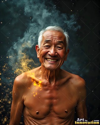 A smiling shirtless older man stands as blue smoke and warm yellow powder drift around him