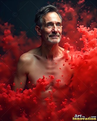 Facing forward in a dark room, a shirtless older man stands inside red smoke clouds