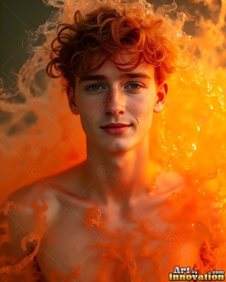 A shirtless young man with curly red hair is surrounded by bright orange smoke