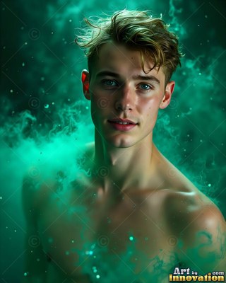 In swirling green smoke, a shirtless young man looks directly forward