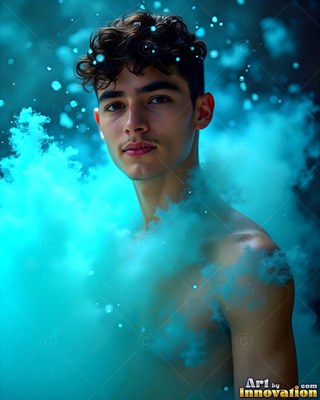 Looking forward, a shirtless young man stands in thick blue smoke and powder