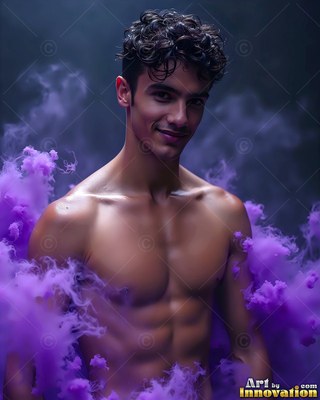 Shirtless smiling man surrounded by purple smoke clouds