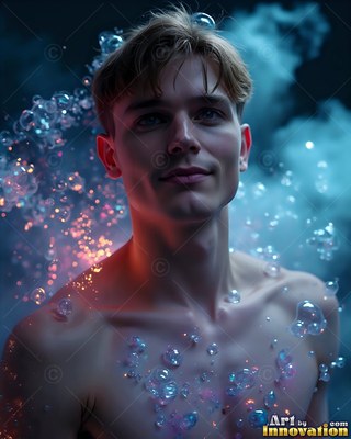 Short blond hair falls on a shirtless man surrounded by blue smoke and floating bubbles