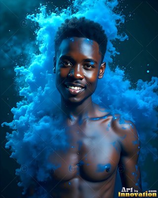 A man with no shirt smiling stands enveloped in a thick cloud of bright blue powder
