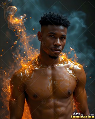Facing forward in a dark space, a shirtless man is covered in gold fluid