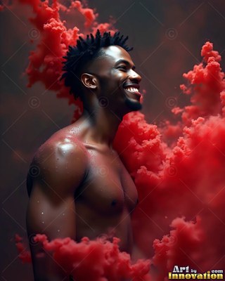 A smiling shirtless man is standing in thick red smoke against a dark background