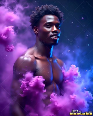 In purple and blue smoke, a shirtless Black man turns with a gentle smile