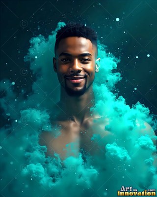 Smiling directly ahead, a shirtless Black man rises through turquoise smoke clouds