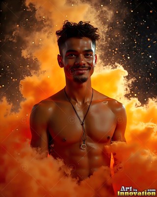 Smiling shirtless man surrounded by orange smoke
