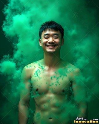 A smiling shirtless man with short dark hair stands surrounded by thick green powder clouds
