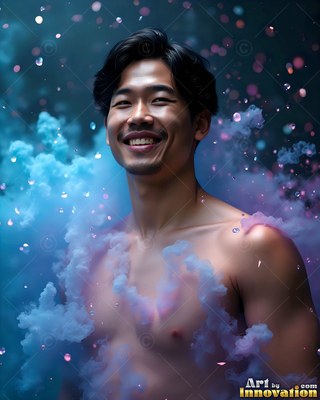 A grinning shirtless man stands in swirls of light blue and purple smoke