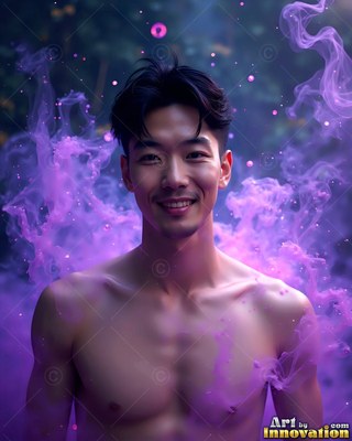 Facing forward, a shirtless smiling man stands in purple smoke