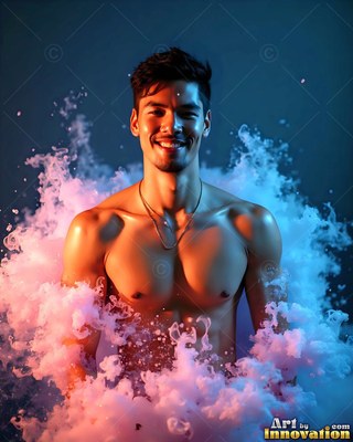 A shirtless man with a smile stands in clouds of pink and blue smoke