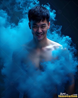 In dark shadows, a grinning shirtless man stands in bright blue smoke