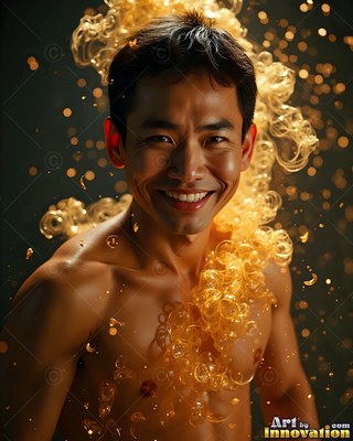 Smiling into the dark, a shirtless man is surrounded by swirling yellow powder