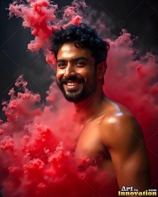 Shirtless smiling man surrounded by clouds of red smoke