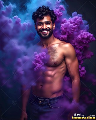 A man with no shirt smiling with curly hair stands enveloped in purple and blue smoke clouds