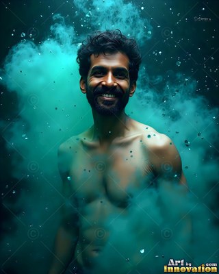 A shirtless smiling man stands in swirling turquoise smoke with floating droplets