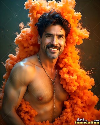 Smiling shirtless man turned sideways in bright orange smoke against a dark studio