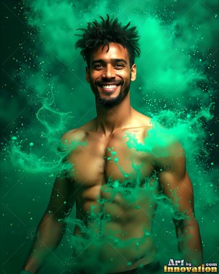 A smiling shirtless man stands covered in splashes of bright green powder