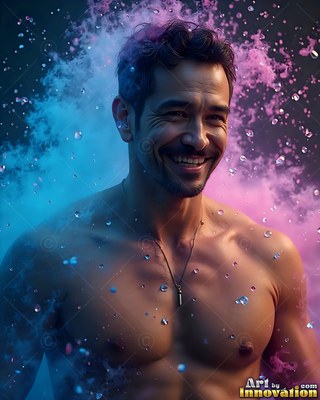 In blue and pink powder clouds, a man with no shirt smiling stands in falling water drops