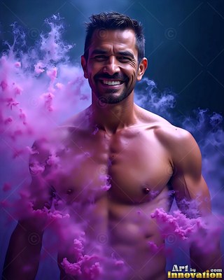 Smiling openly, a man without a shirt stands in swirls of bright pink smoke