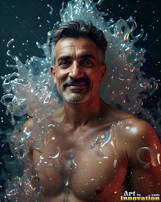 Shirtless smiling man covered in splashes of clear liquid