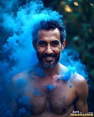 Dark bearded face of a shirtless smiling man surrounded by puffs of blue smoke