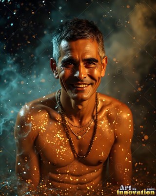 A shirtless man smiles forward as golden sparkles fall against blue smoke