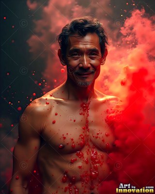 Facing forward, a shirtless man stands in red smoke and powder